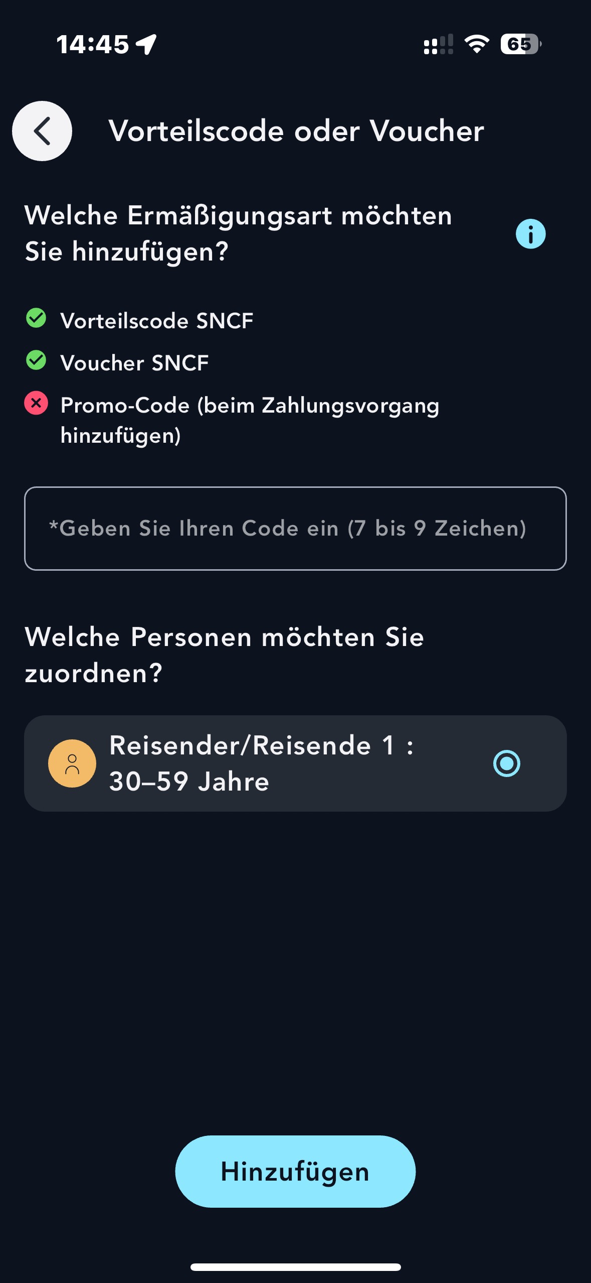Bildschirm für die Eingabe von Rabattcodes  
